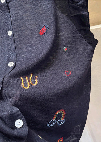 Sleeveless Casual Embroideried Button Down Cotton Grey Vests FashionChic