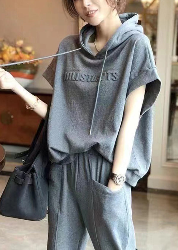 Casual Grey Hooded Sport Suit Cotton Two Pieces Set Summer BV046 MZF-TPIEC240702