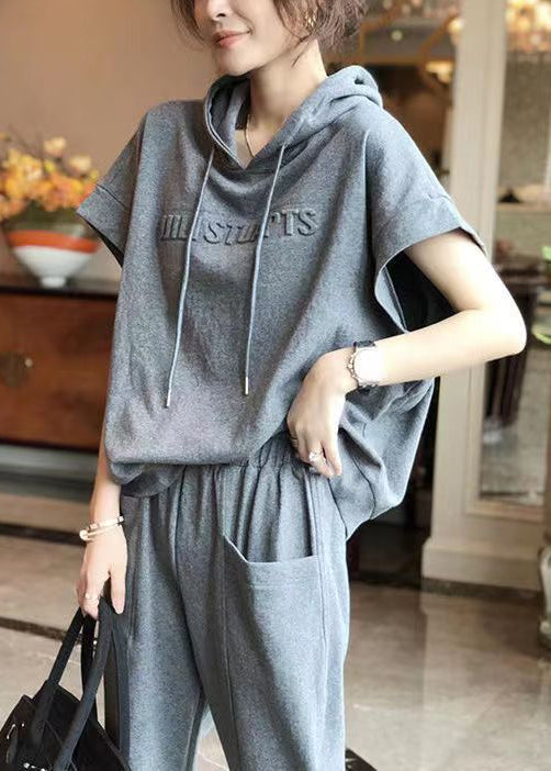 Casual Grey Hooded Sport Suit Cotton Two Pieces Set Summer BV046 MZF-TPIEC240702