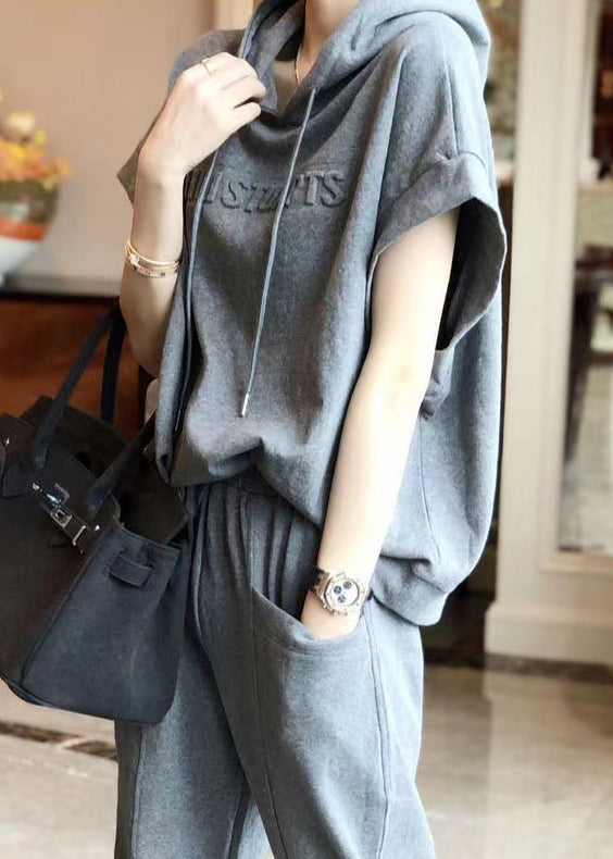 Casual Grey Hooded Sport Suit Cotton Two Pieces Set Summer BV046 MZF-TPIEC240702