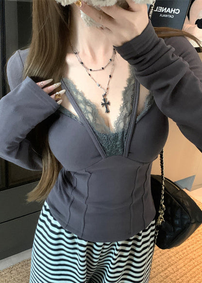 Casual Grey Patchwork Lace Halter Tops Spring YF024 ABC