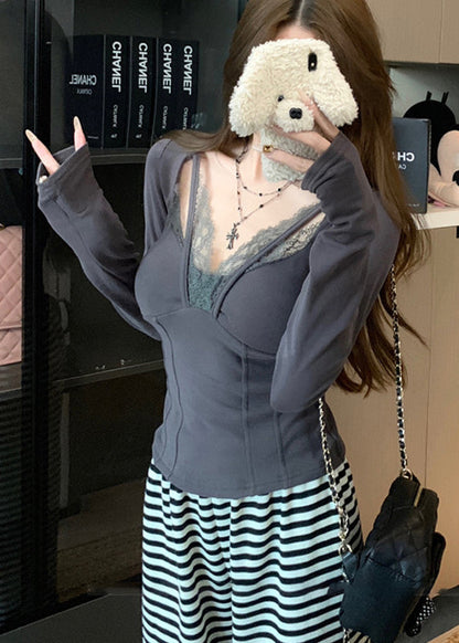 Casual Grey Patchwork Lace Halter Tops Spring YF024 ABC