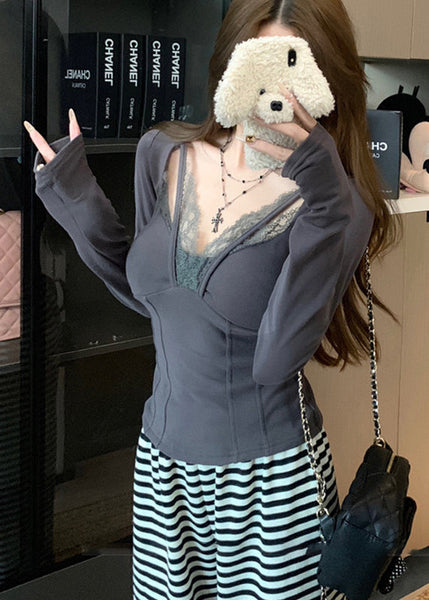 Casual Grey Patchwork Lace Halter Tops Spring YF024 ABC