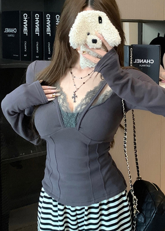 Casual Grey Patchwork Lace Halter Tops Spring YF024 ABC