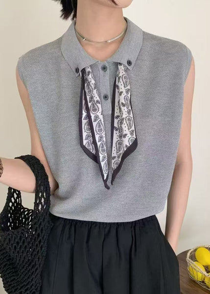 Collar Peter Knit Grey Shirt Scarves Pan Casual Top Sleeveless FashionChic