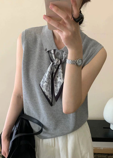 Collar Peter Knit Grey Shirt Scarves Pan Casual Top Sleeveless FashionChic