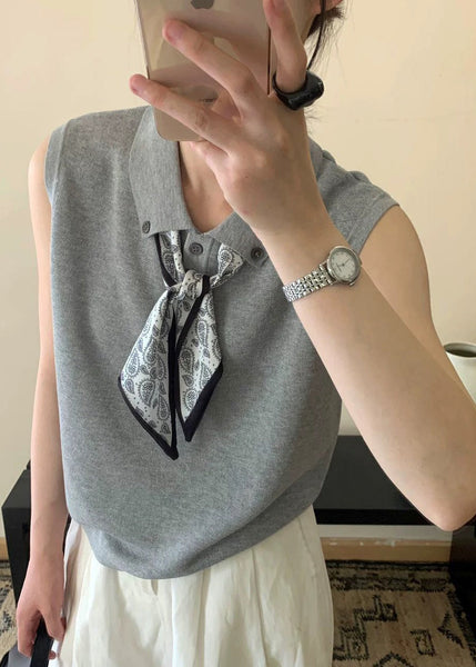Collar Peter Knit Grey Shirt Scarves Pan Casual Top Sleeveless FashionChic