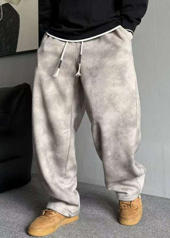 Casual Grey Pockets Elastic Waist Warm Fleece Men Pants Spring RM035 ABC