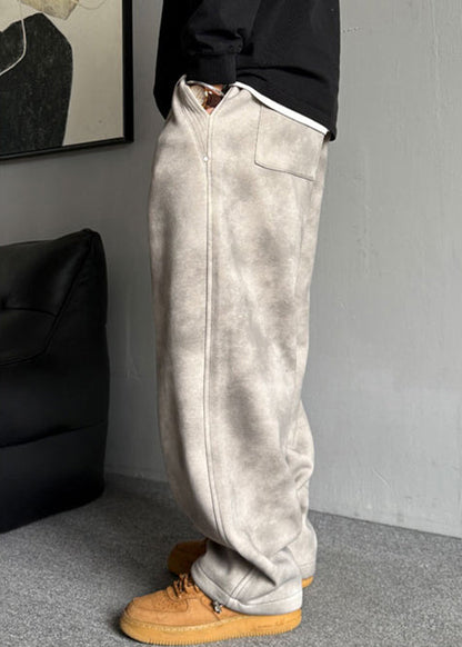 Casual Grey Pockets Elastic Waist Warm Fleece Men Pants Spring RM035 ABC