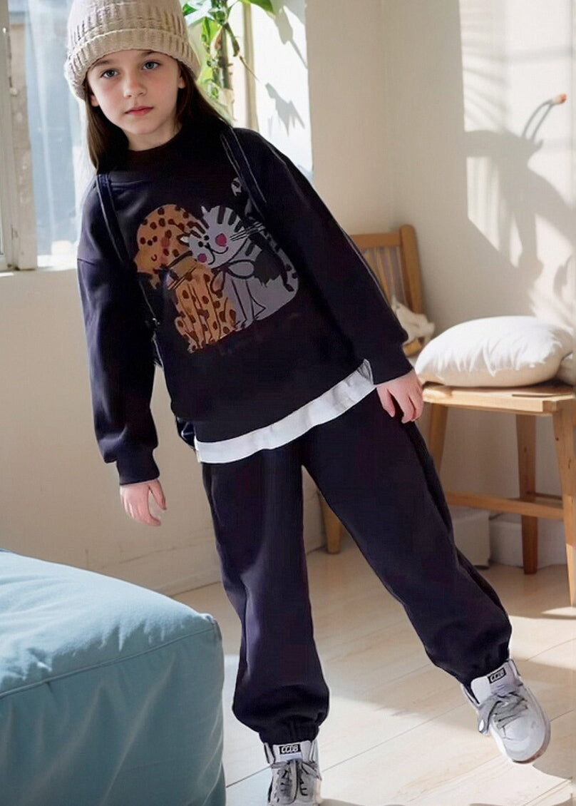 Casual Grey Print Warm Fleece Girls Sweatshirt And Lantern Pants Two Piece Set Spring TR015 ABC