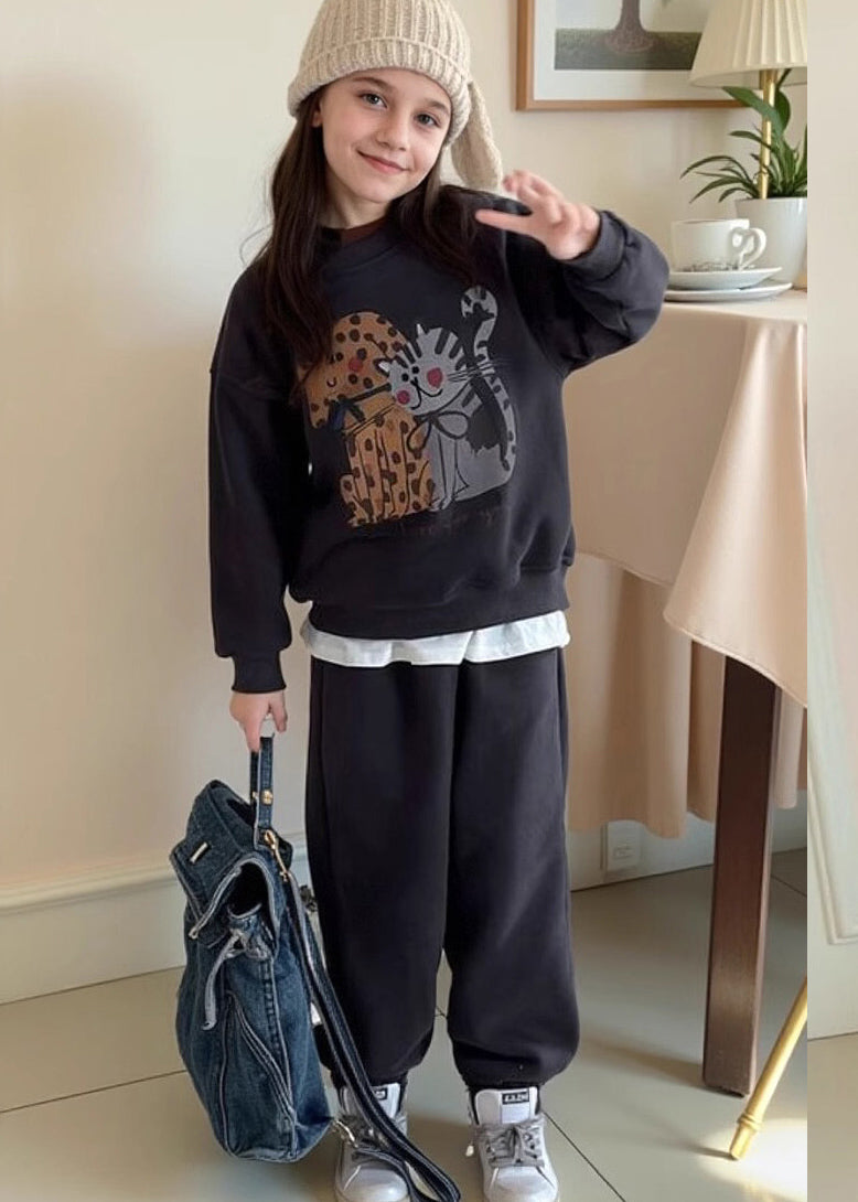 Casual Grey Print Warm Fleece Girls Sweatshirt And Lantern Pants Two Piece Set Spring TR015 ABC