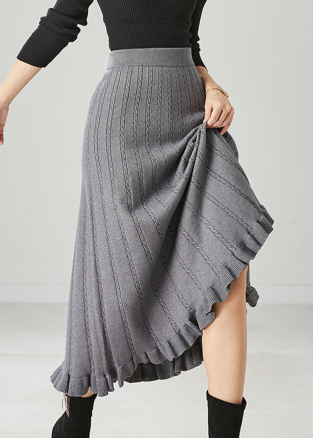 Casual Grey Ruffled Exra Large Hem Knit Skirts Spring YU1045 Ada Fashion