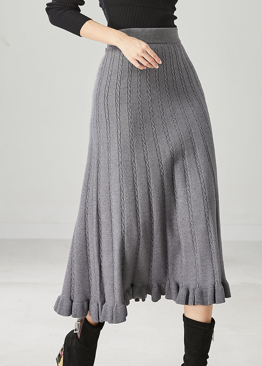 Casual Grey Ruffled Exra Large Hem Knit Skirts Spring YU1045 Ada Fashion