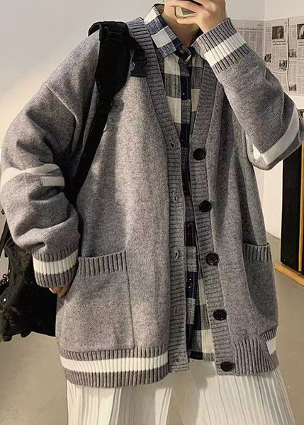 Cardigans Mens Spring Casual Pockets Knit Grey Striped FashionChic
