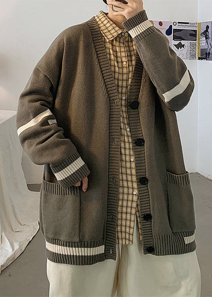 Cardigans Mens Spring Casual Pockets Knit Grey Striped FashionChic