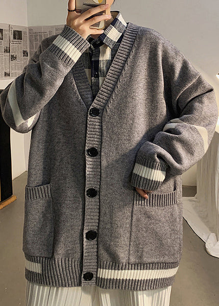 Cardigans Mens Spring Casual Pockets Knit Grey Striped FashionChic