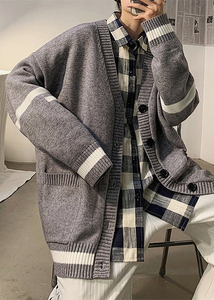 Cardigans Mens Spring Casual Pockets Knit Grey Striped FashionChic