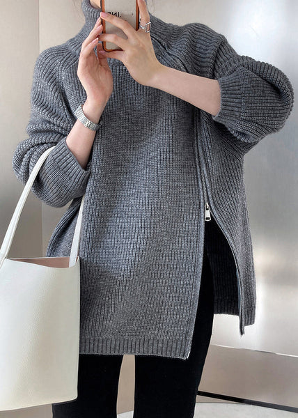 Casual Grey Turtleneck Thick Cotton Knit Sweaters Fall QE073 HS-NTP240925