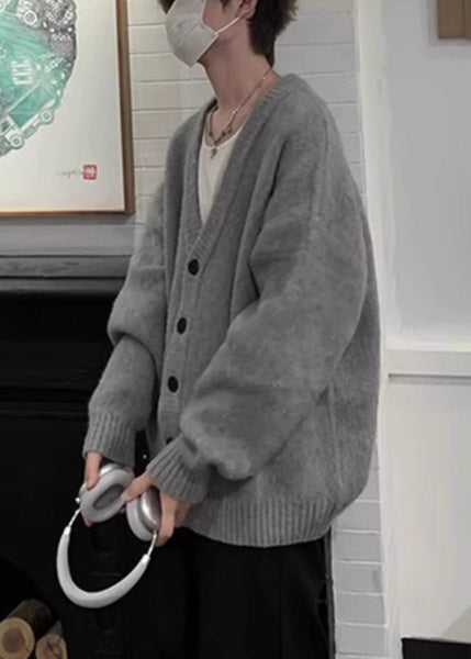 Neck V Spring Knit Cardigans Casual Button Grey Mens FashionChic