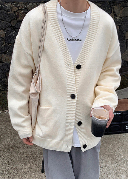 Neck V Spring Knit Cardigans Casual Button Grey Mens FashionChic