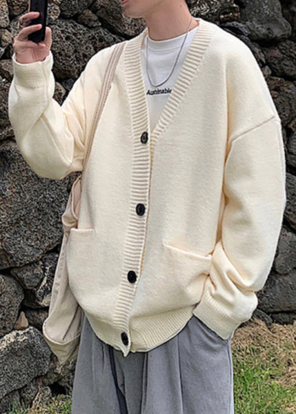 Neck V Spring Knit Cardigans Casual Button Grey Mens FashionChic