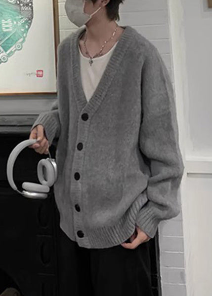 Neck V Spring Knit Cardigans Casual Button Grey Mens FashionChic