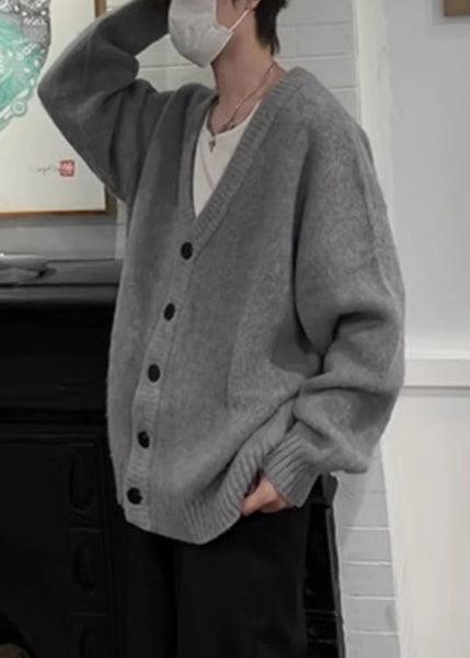Neck V Spring Knit Cardigans Casual Button Grey Mens FashionChic