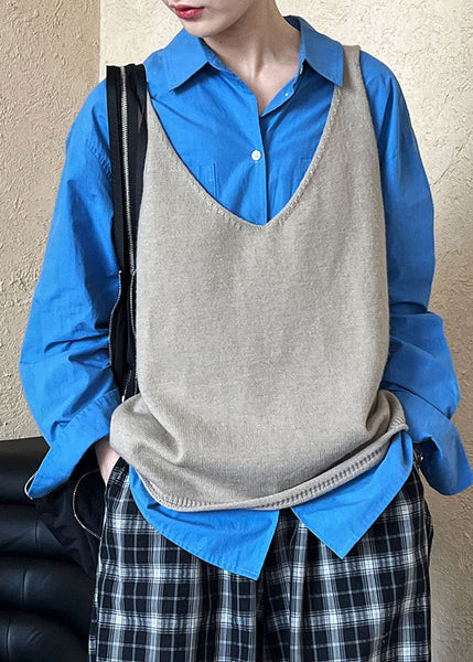 Casual Grey V Neck Thick Cotton Knit Vest Sleeveless QE080 HS-CTS240925