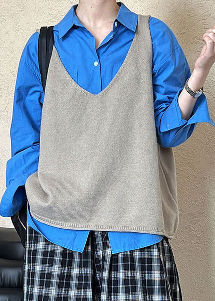 Casual Grey V Neck Thick Cotton Knit Vest Sleeveless QE080 HS-CTS240925