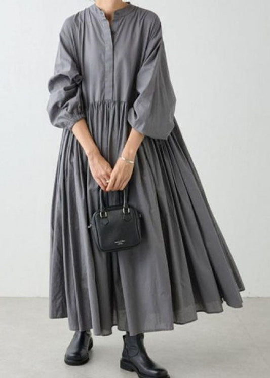 Casual Grey Wrinkled Patchwork Cotton Dresses Lantern Sleeve TL029