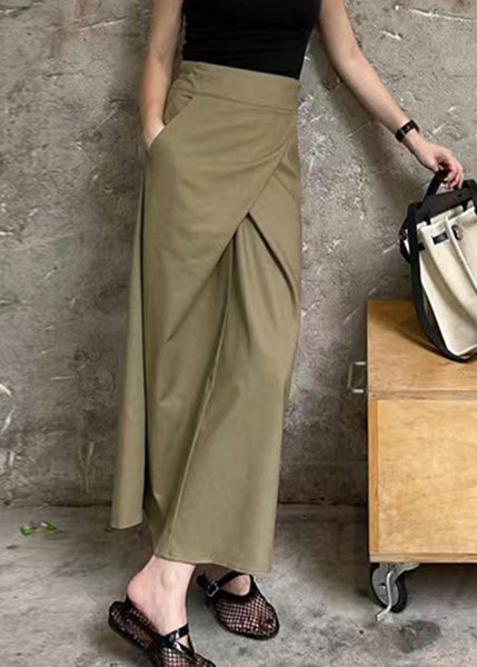 High Khaki Pockets Waist Casual Maxi Asymmetrical Patchwork Skirt FashionChic