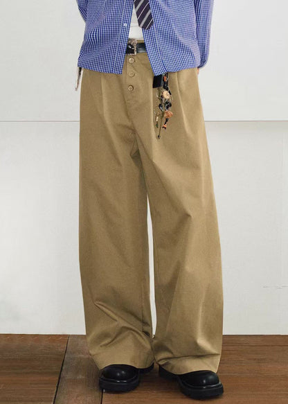 Casual Spring Waist High Pants Button Mens Cotton Pockets Khaki FashionChic