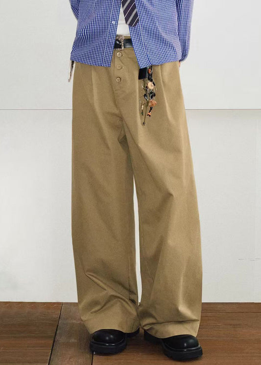 Casual Spring Waist High Pants Button Mens Cotton Pockets Khaki FashionChic