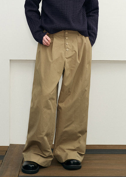 Casual Spring Waist High Pants Button Mens Cotton Pockets Khaki FashionChic