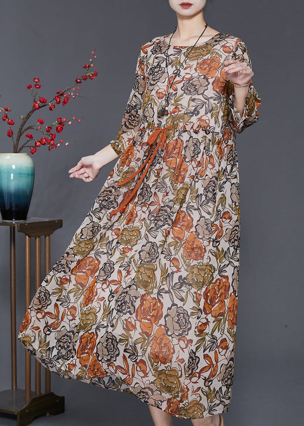 Casual Khaki Cinched Print Silk Dress Bracelet Sleeve SD1052 Ada Fashion