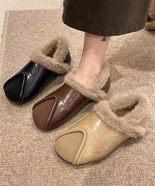 Casual Khaki Comfy Splicing Flat Feet Shoes Fuzzy Wool Lined TE021 ABC