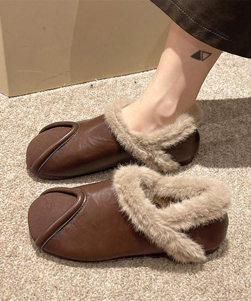 Casual Khaki Comfy Splicing Flat Feet Shoes Fuzzy Wool Lined TE021 ABC