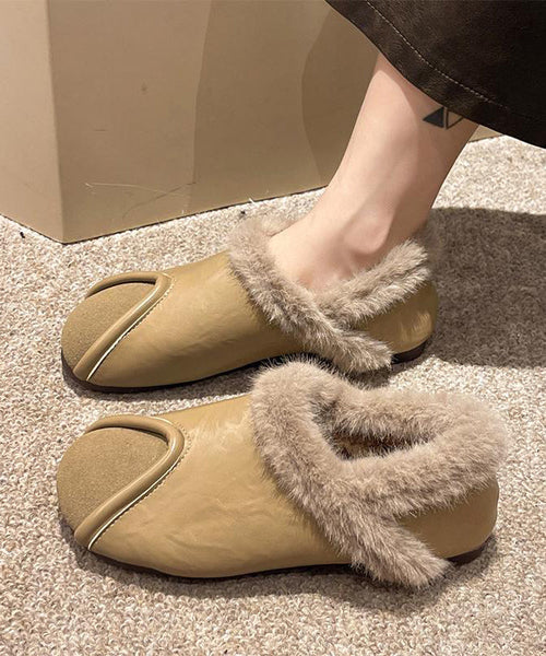 Casual Khaki Comfy Splicing Flat Feet Shoes Fuzzy Wool Lined TE021 ABC