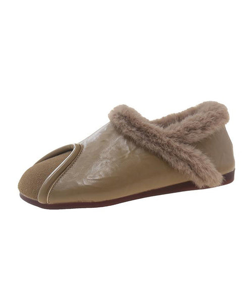 Casual Khaki Comfy Splicing Flat Feet Shoes Fuzzy Wool Lined TE021 ABC