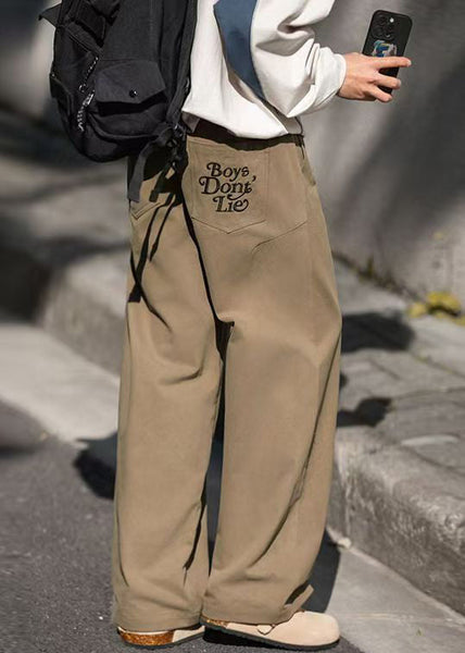 Men Wide Cotton Embroideried Khaki Leg Pants Pockets Casual FashionChic