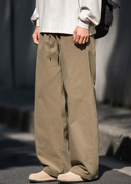 Men Wide Cotton Embroideried Khaki Leg Pants Pockets Casual FashionChic