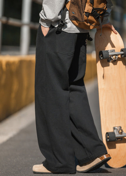 Men Wide Cotton Embroideried Khaki Leg Pants Pockets Casual FashionChic