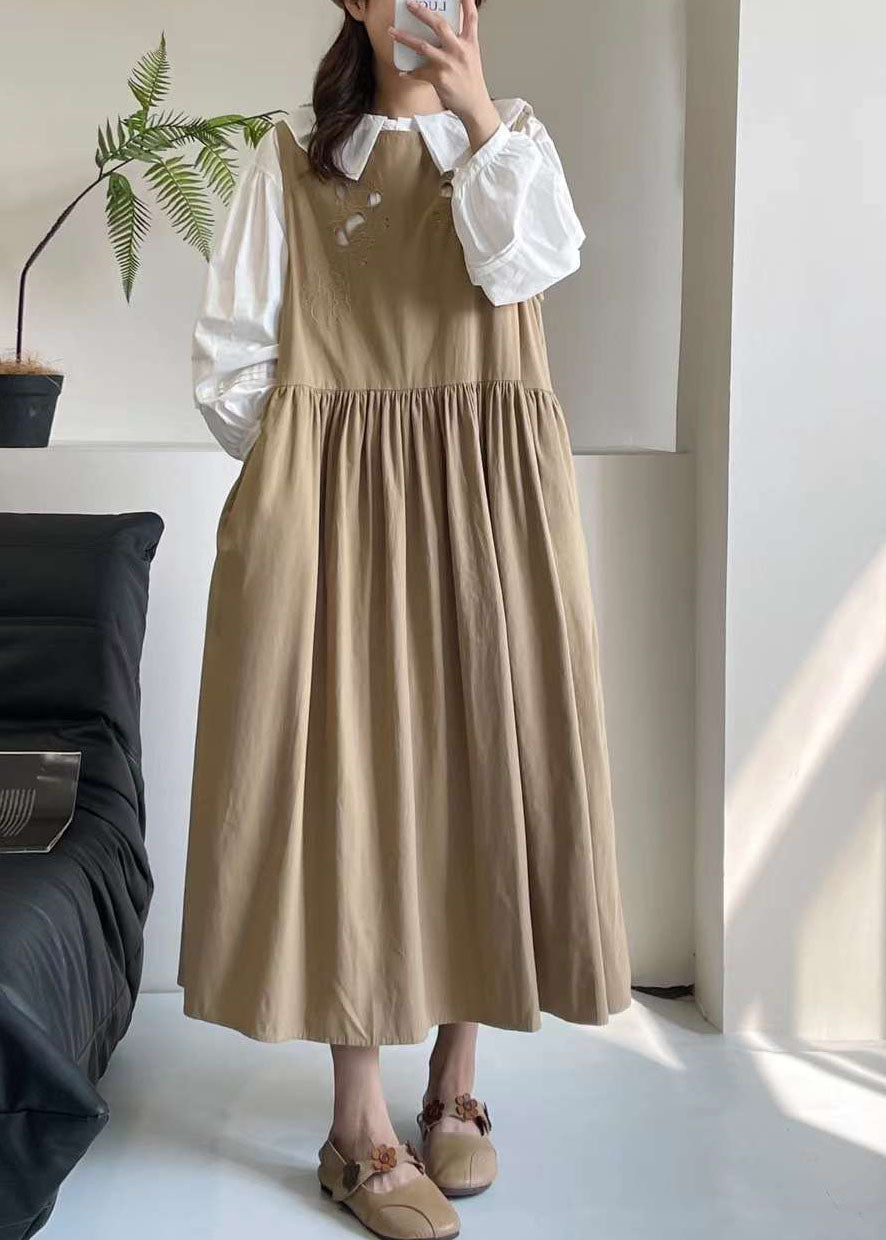 Casual Khaki Hollow Out Long Dress Sleeveless BV037 MZF-SDL240702