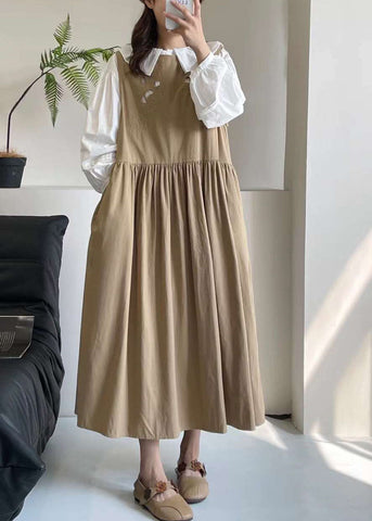 Casual Khaki Hollow Out Long Dress Sleeveless BV037 MZF-SDL240702
