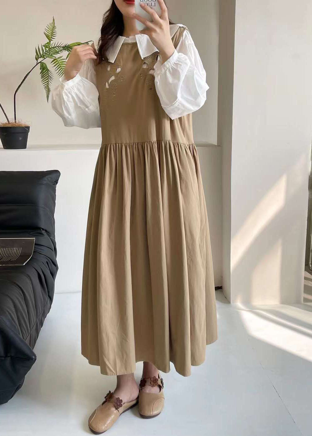 Casual Khaki Hollow Out Long Dress Sleeveless BV037 MZF-SDL240702