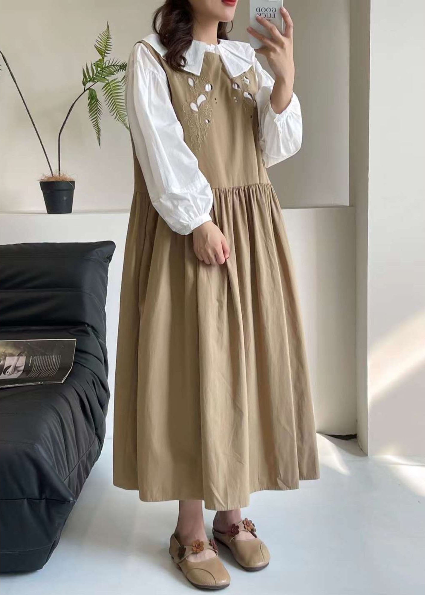 Casual Khaki Hollow Out Long Dress Sleeveless BV037 MZF-SDL240702