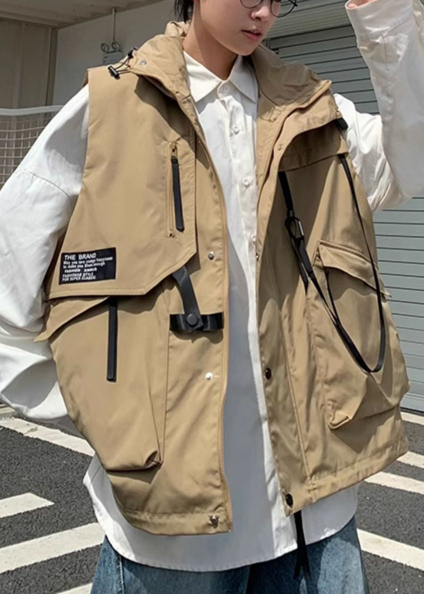 Casual Khaki Hooded Pockets Cotton Men Waistcoat Spring RN007 ABC