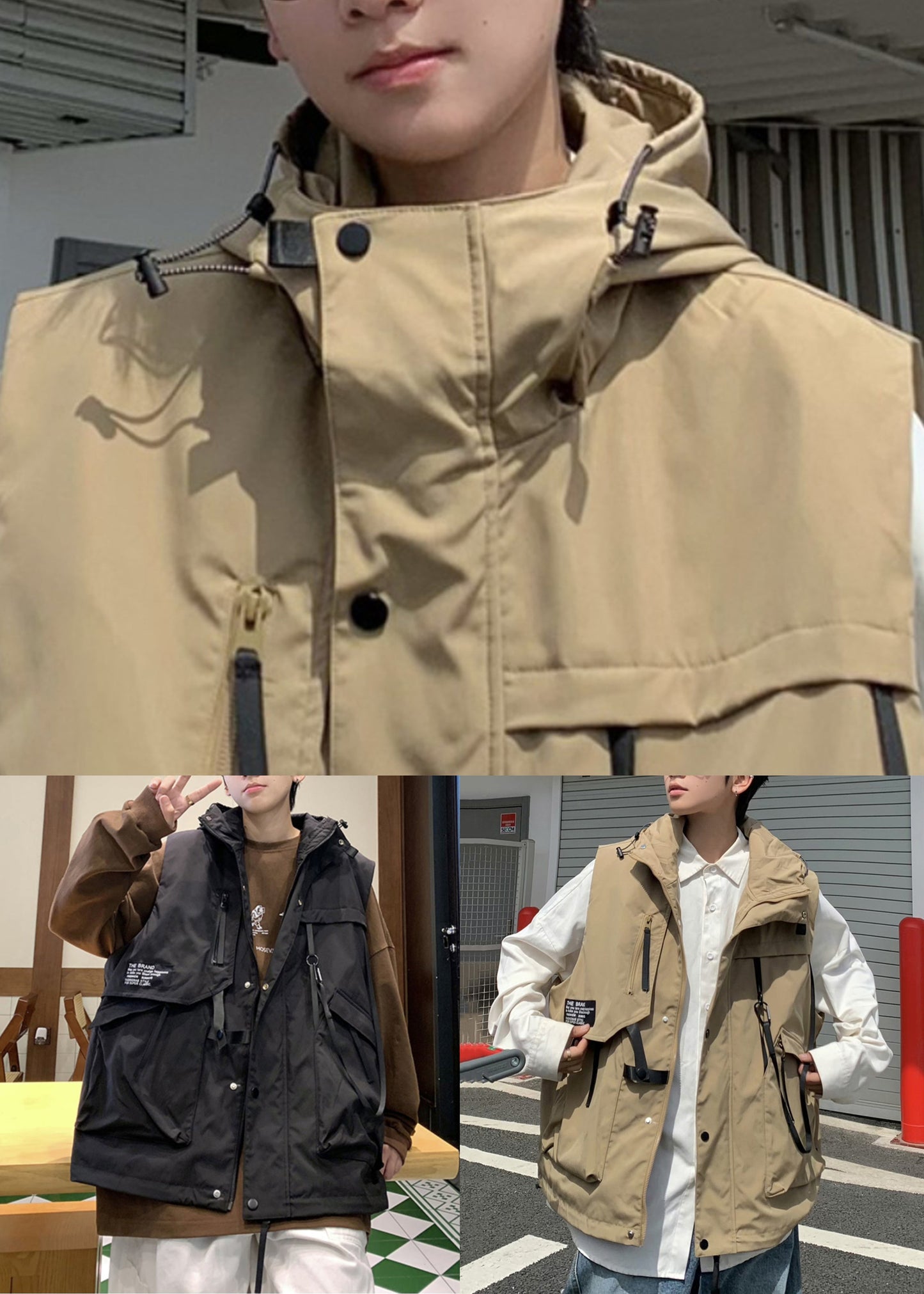 Casual Khaki Hooded Pockets Cotton Men Waistcoat Spring RN007 ABC