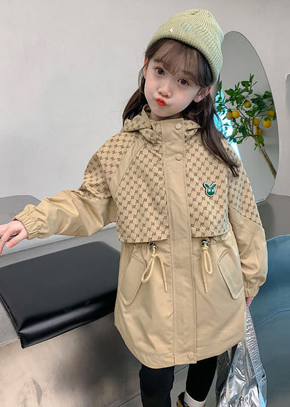 Casual Khaki Kids Stand Collar Drawstring Print Kids Hooded Trench Coat Fall QV032 MM-RCTZCGTS241026