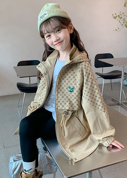 Casual Khaki Kids Stand Collar Drawstring Print Kids Hooded Trench Coat Fall QV032 MM-RCTZCGTS241026